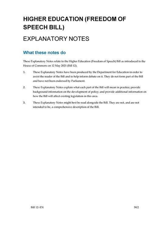 Higher Education (Freedom of Speech) Bill Explanatory Notes (House of Commons) HCB 12-EN