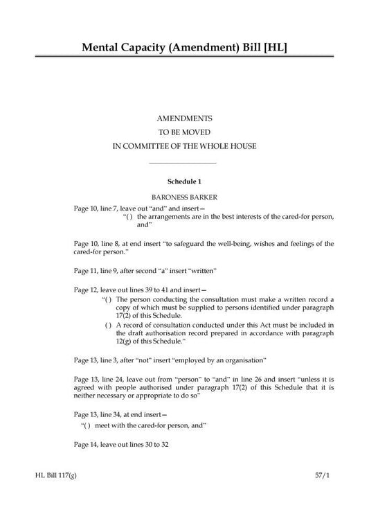 Mental Capacity (Amendment) Bill Amendments to be moved in Committee of the Whole House (House of Lords) HLB 117 g