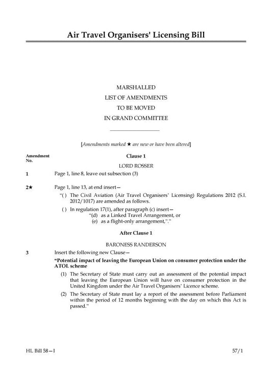 Air Travel Organisers' Licensing Bill Lords Amendments 1st Marshalled List (House of Lords) HLB 58 I