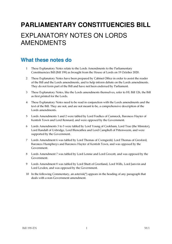 Parliamentary Constituencies Bill Explanatory Notes on Lords Amendments (House of Commons) HCB 198-EN