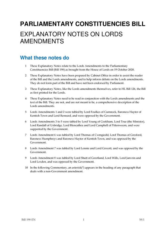 Parliamentary Constituencies Bill Explanatory Notes on Lords Amendments (House of Commons) HCB 198-EN