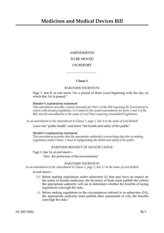 Medicines and Medical Devices Bill Amendments to be moved on report (House of Lords) HLB 154 k
