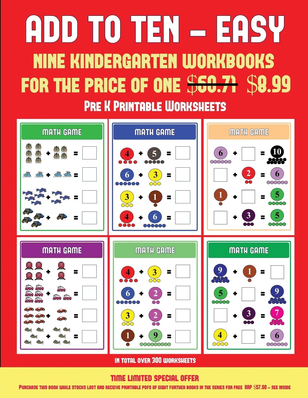 Pre K Printable Worksheets (Add to Ten - Easy): 30 full color preschool/kindergarten addition worksheets that can assist