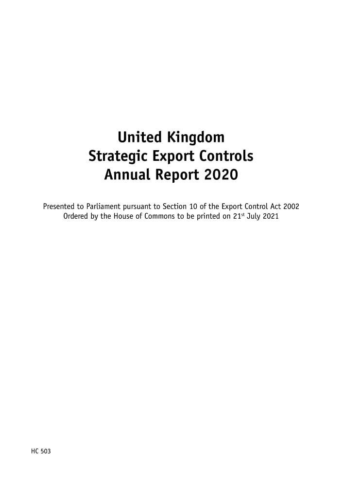 United Kingdom Strategic Export Controls Annual Report 2020 (House of Commons Paper) HC 503