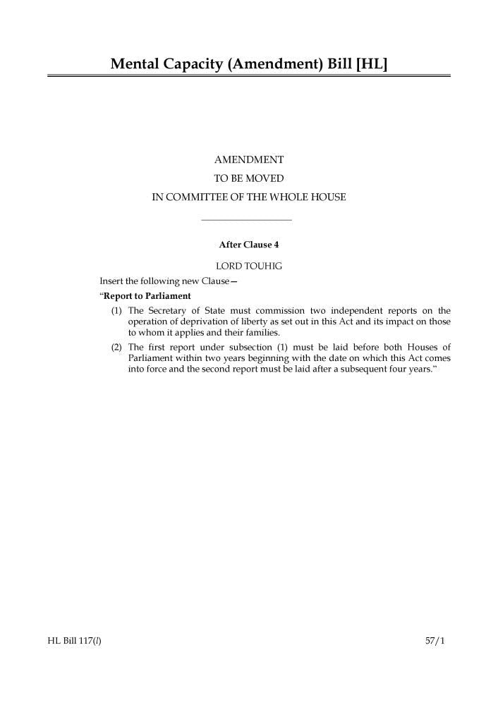 Mental Capacity (Amendment) Bill Amendment to be moved in Committee of the Whole House (House of Lords) HLB 117 l