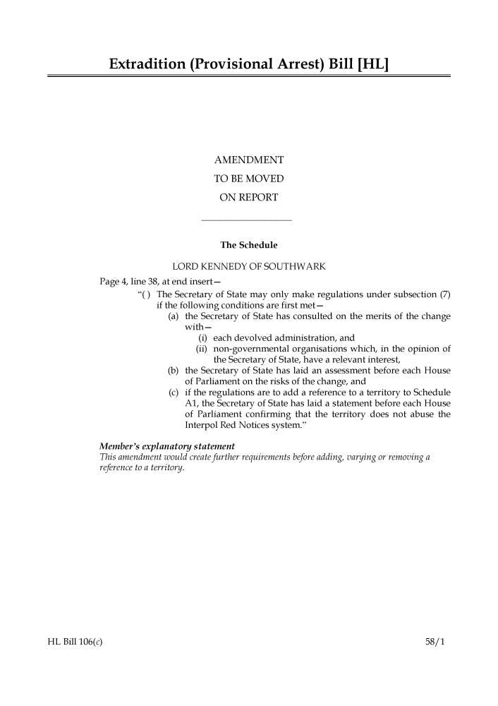 Extradition (Provisional Arrest) Bill Amendment to be moved on report (House of Lords) HLB 106 c