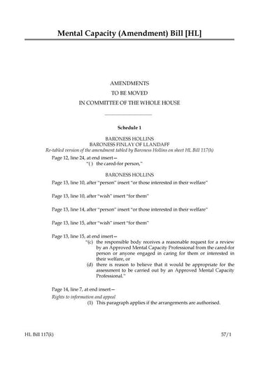 Mental Capacity (Amendment) Bill Amendments to be moved in Committee of the Whole House (House of Lords) HLB 117 k