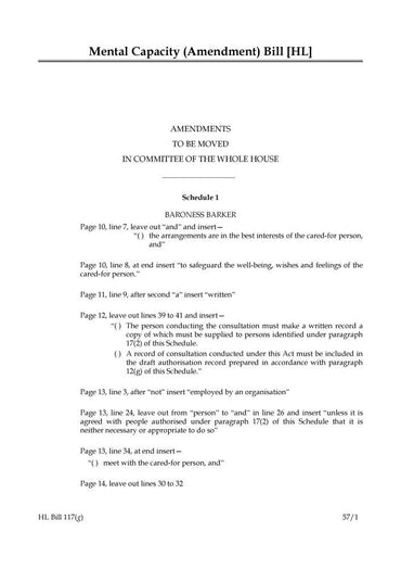 Mental Capacity (Amendment) Bill Amendments to be moved in Committee of the Whole House (House of Lords) HLB 117 g