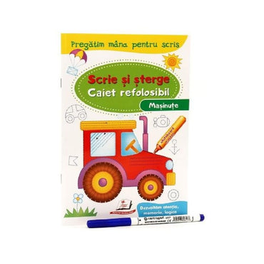 Scrie Si Sterge. Masinute. Caiet Refolosibil + Whiteboard Marker