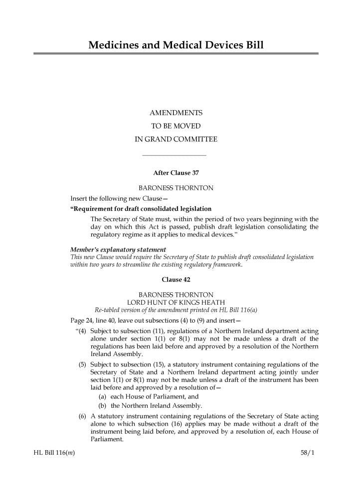 Medicines and Medical Devices Bill Amendments to be moved in Grand Committee (House of Lords) HLB 116 m