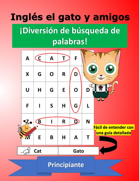 Inglés el gato y amigos - ¡Diversión de búsqueda de palabras!: Letra Grande (Spanish Edition)