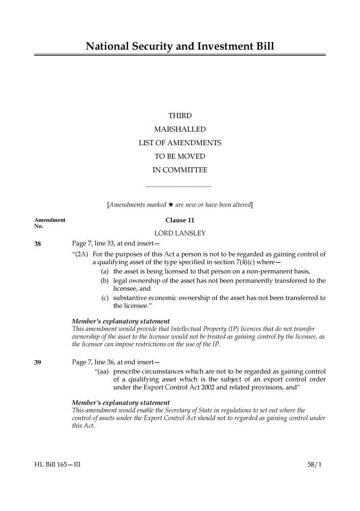 National Security and Investment Bill Third Marshalled List of Amendments to be moved in Committee (House of Lords) HLB 165 III