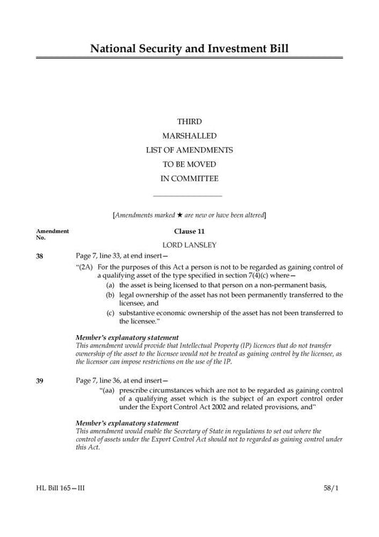 National Security and Investment Bill Third Marshalled List of Amendments to be moved in Committee (House of Lords) HLB 165 III