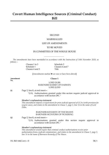 Covert Human Intelligence Sources (Criminal Conduct) Bill Second Marshalled List of Amendments to be moved in Committee of the Whole House (House of Lords) HLB 144 (Corr) II