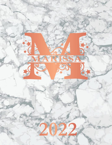 Marissa: 2022. Personalized Name Weekly Planner Diary 2022. Monogram Letter M Notebook Planner. White Marble & Rose Gold Cover. Datebook Calendar Schedule