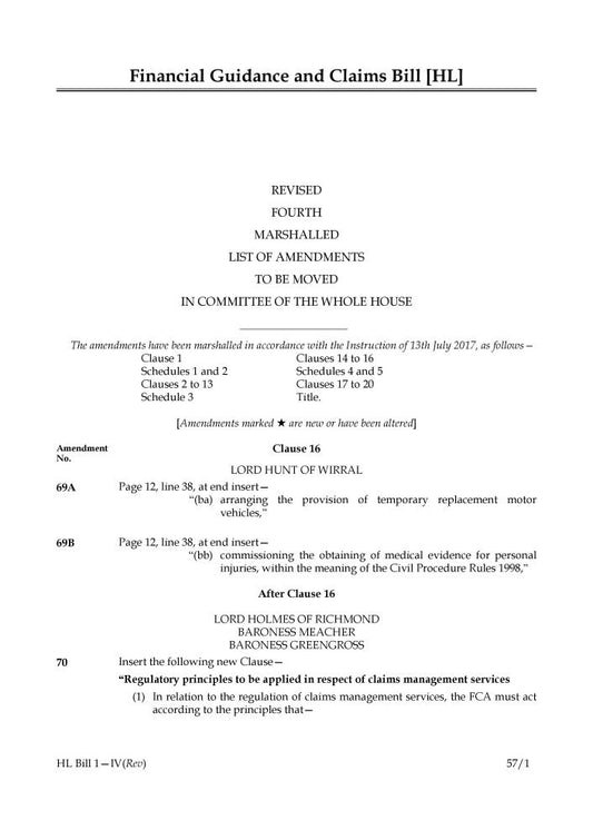 Financial Guidance and Claims Bill Lords Amendments Revised 4th Marshalled List (House of Lords) HLB 1 IV Rev