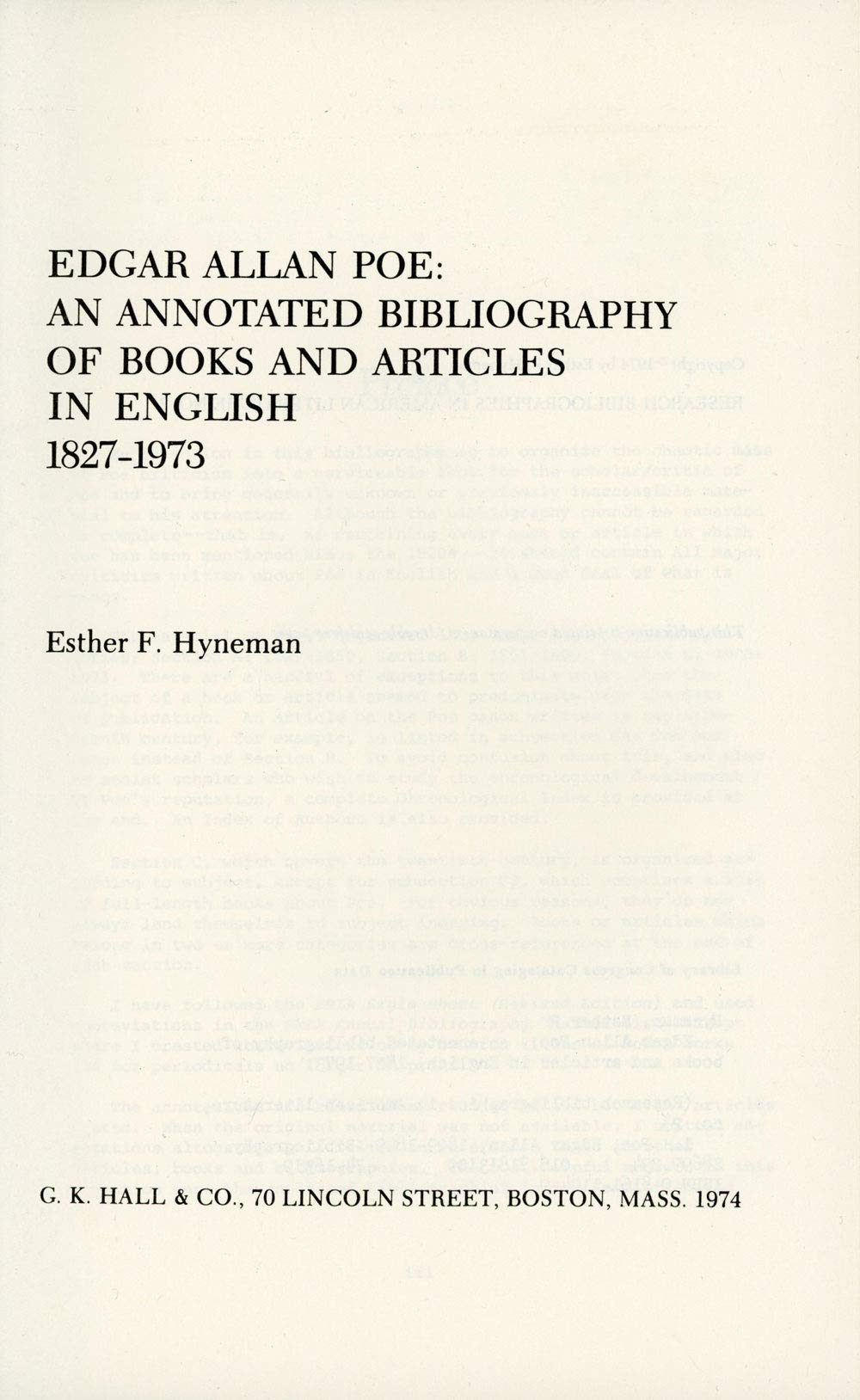 Edgar Allan Poe: An annotated bibliography of books and articles in English, 1827-1973 (Research bibliographies in Ameri