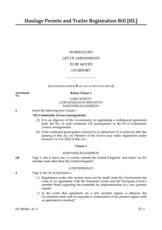 Haulage Permits and Trailer Registration Bill Lords Amendments 1st Marshalled List (House of Lords) HLB 84 R I
