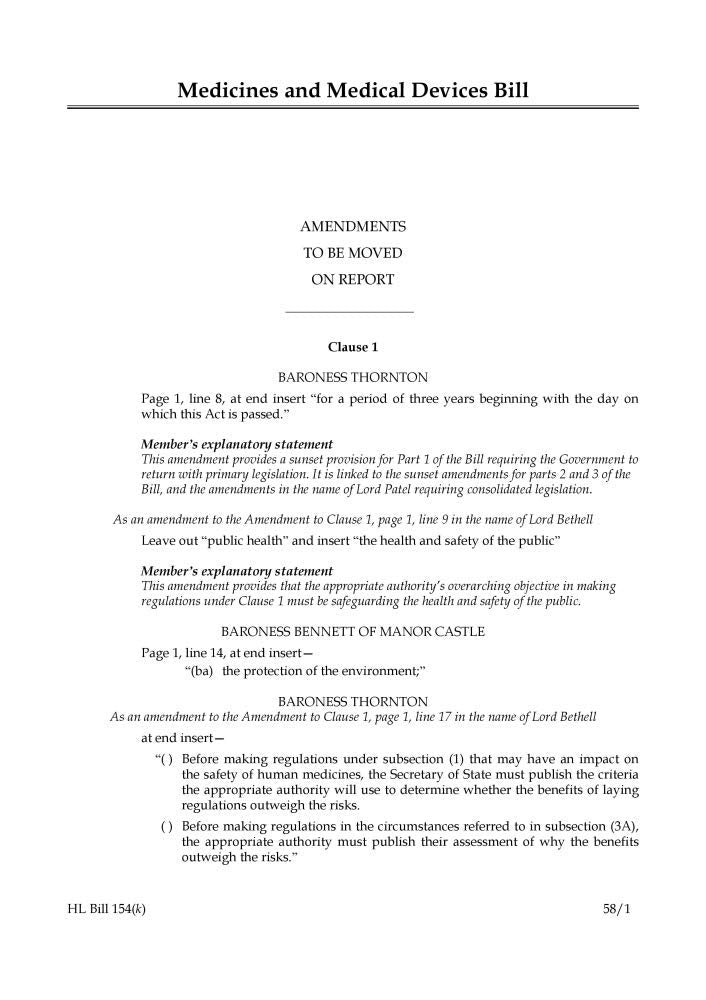 Medicines and Medical Devices Bill Amendments to be moved on report (House of Lords) HLB 154 k