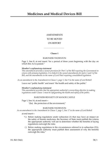Medicines and Medical Devices Bill Amendments to be moved on report (House of Lords) HLB 154 k