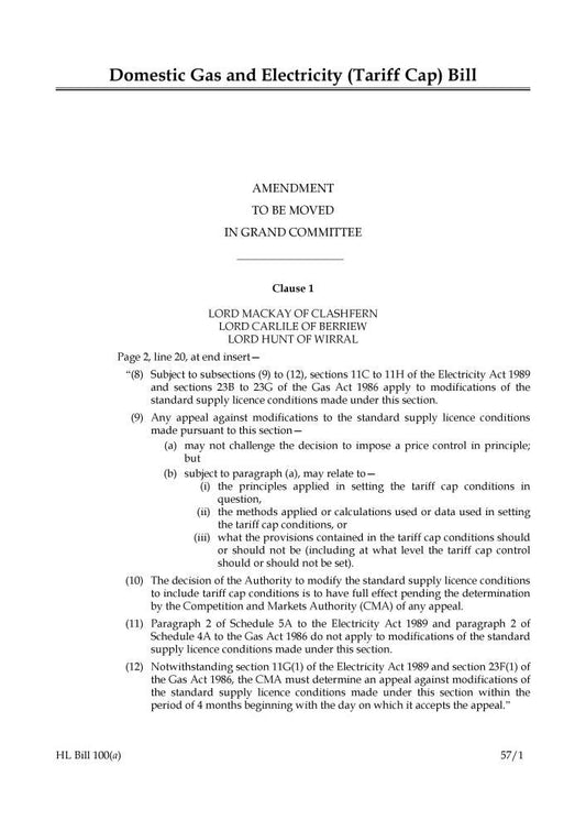 Domestic Gas and Electricity (Tariff Cap) Bill Amendment to be moved in Grand Committee (House of Lords) HLB 100 a