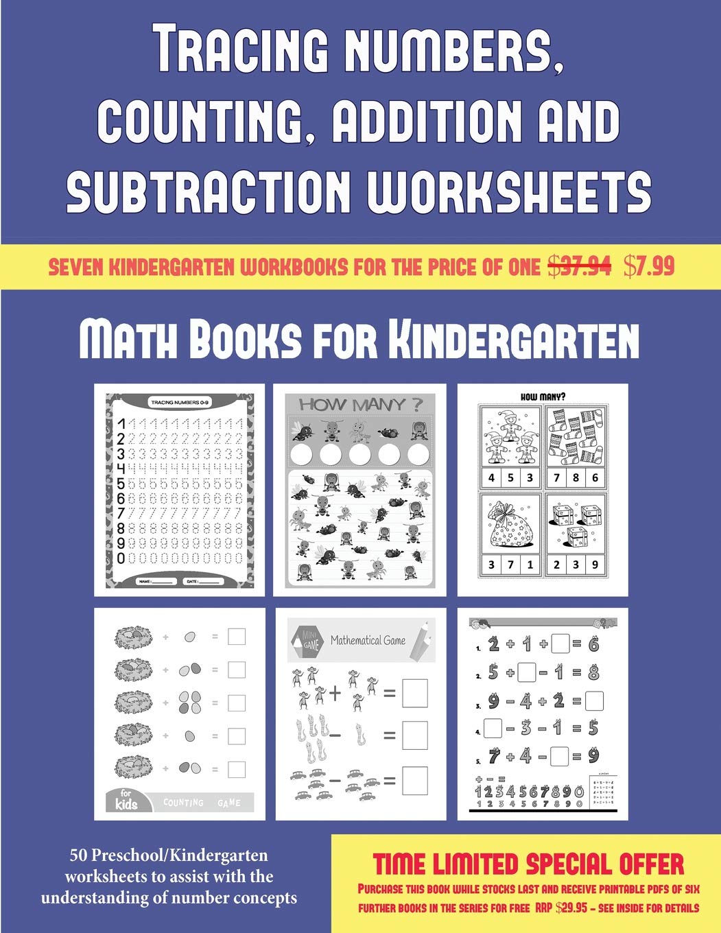 Math Books for Kindergarten (Tracing numbers, counting, addition and subtraction): 50 Preschool/Kindergarten worksheets 