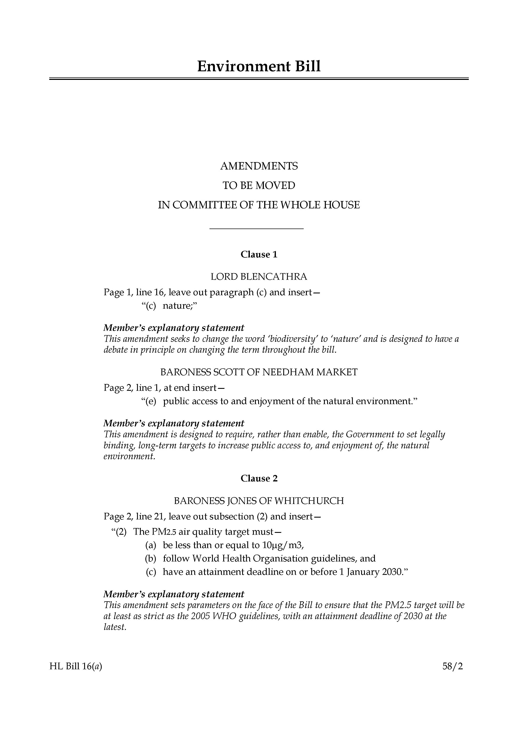 Environment Bill Amendments to be moved in Committee of the Whole House (House of Lords) HLB 16 a
