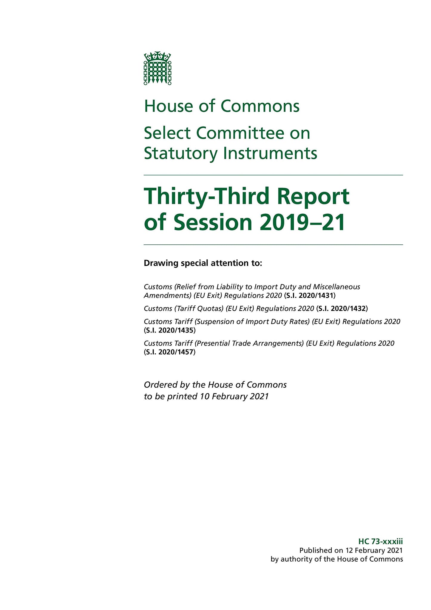 Statutory Instruments Committee 33rd Report of Session 2019–21 (House of Commons Paper) HC 73-xxxiii