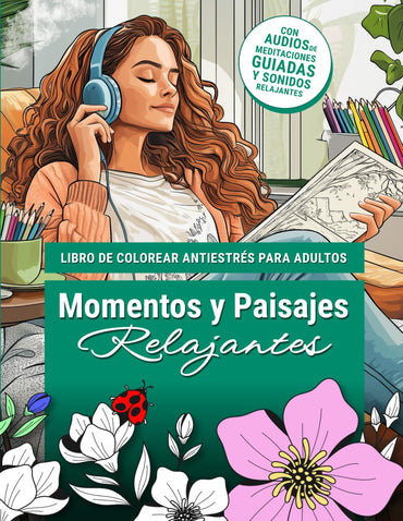 Momentos y Paisajes Relajantes: Libro de Colorear Antiestrés para Adultos con 50 Ilustraciones, Meditación Guiada y Soni