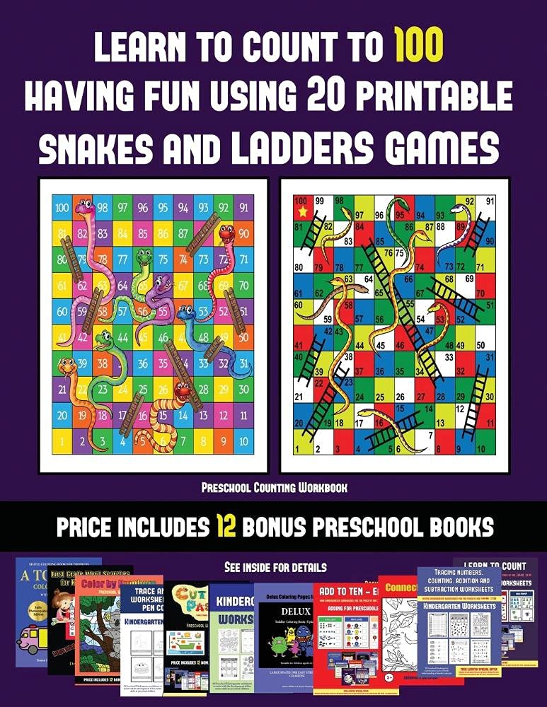 Preschool Counting Workbook (Learn to count to 100 having fun using 20 printable snakes and ladders games): A full-color workbook with 20 printable ... PDF kindergarten/preschool workbooks