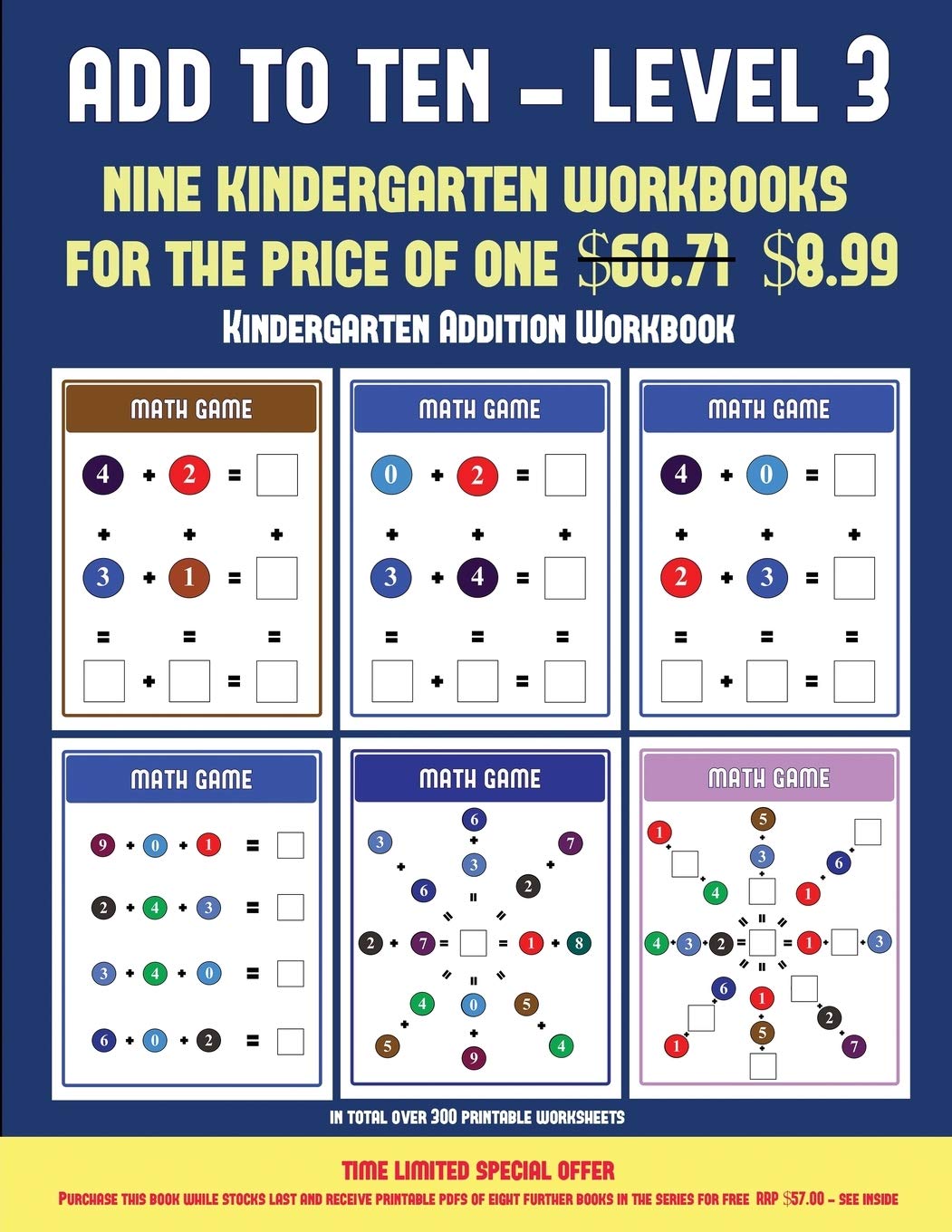Kindergarten Addition Workbook (Add to Ten - Level 3): 30 full color preschool/kindergarten addition worksheets that can