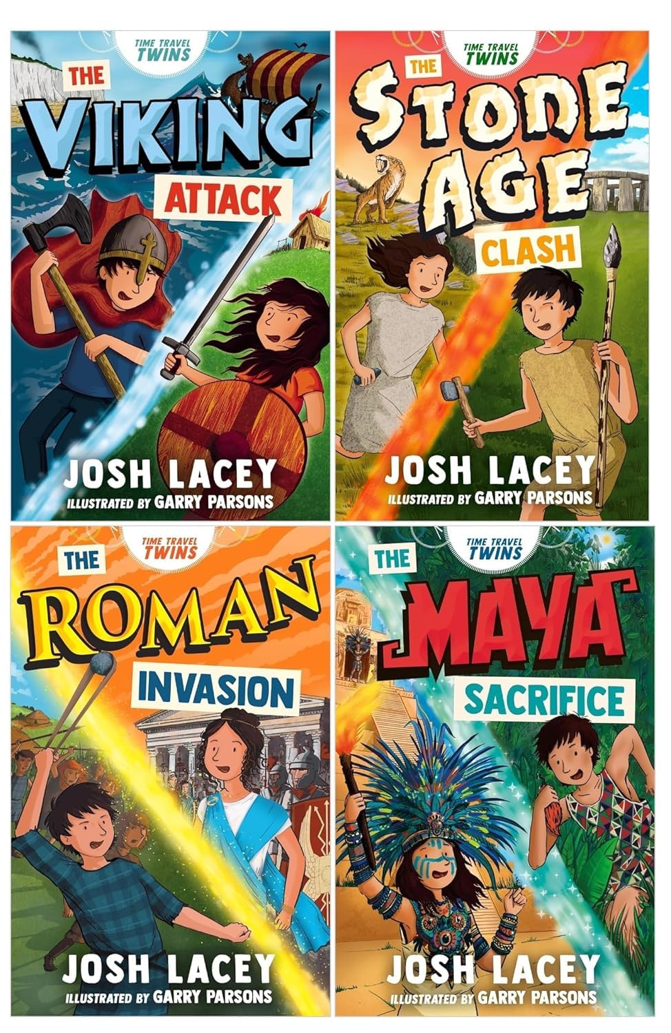 Time Travel Twins Series 4 Books Set by Josh Lacey (Viking Attack, Stone Age Clash, Roman Invasion, Maya Sacrifice)
